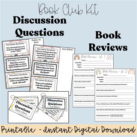 Book Club Printable Kit Book Review Book Discussion Questions Book