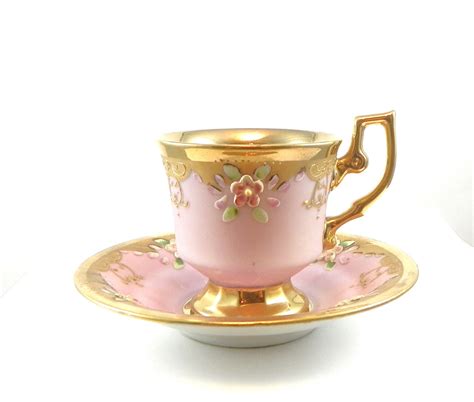 Vintage Demitasse Cup and Saucer Gold Pink Flowers