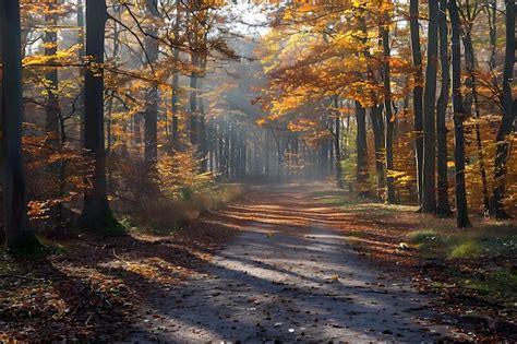 Autumn Forest Path With Sunlight Premium Ai Generated Image