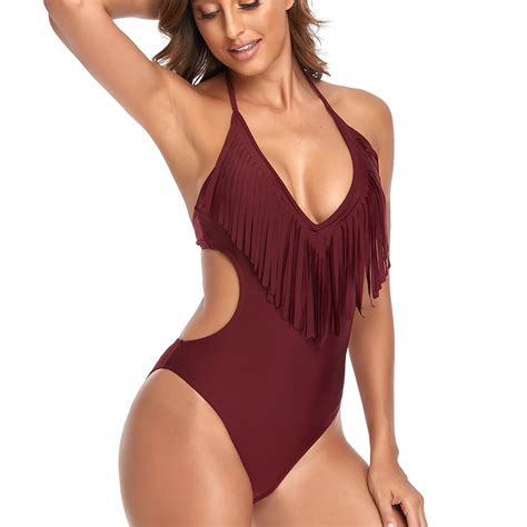 Plus Size Swimsuits Tassel Cutout Bathing Suits Women Sexy Monokini Cut Out Bikini One Piece