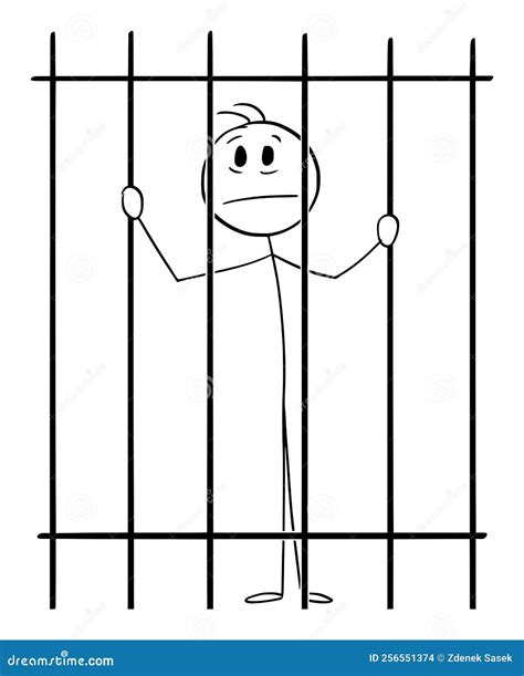 Prisoner Behind or Jail Bars, Vector Cartoon Stick Figure Illustration
