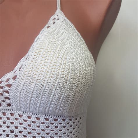 White Crochet Bikini Top Halter Cotton Top Swimsuit Top Festival Boho