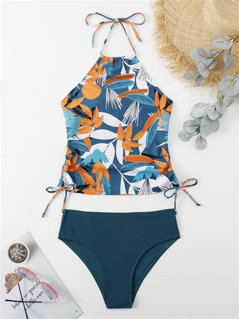 Bañador bikini al azar con estampado de planta con cordón trasero con cordón Moda de Mujer