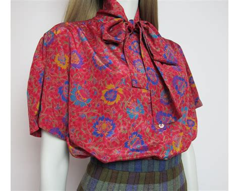 S Pussy Bow Flower Print Blouse Etsy