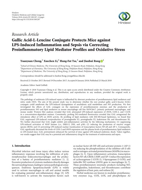 Pdf Gallic Acid L Leucine Conjugate Protects Mice Against Lps Induced