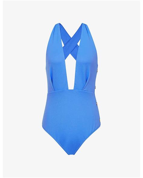 Reiss Orla Plunge Neck Swimsuit In Blue Lyst Uk