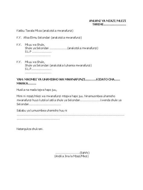 Barua Ya Maombi Ya Uhamisho Wa Mwanafunzi Nje Na Ndani Pdf