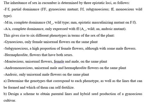 Solved The Inheritance Of Sex In Cucumber Is Determined By Chegg