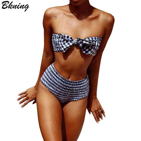 Bkning High Waist Bikini Bow Tie Swimsuit Bandeau Bikinis Set Women