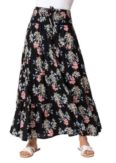 Roman Black Floral Shirred Waist Elastic Waist Maxi Skirt Matalan