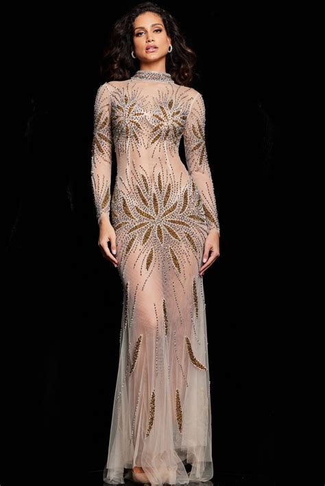 Nude Gold Long Sleeve Illusion Gown Jovani