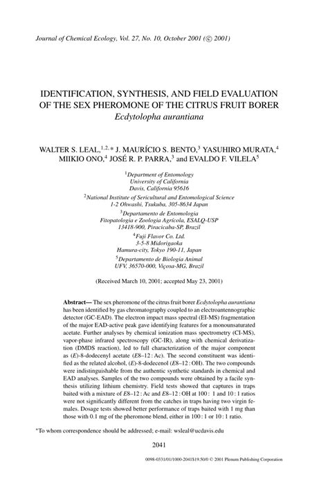 PDF Identification Synthesis And Field Evaluation Of The Sex Pheromone Of The Citrus Fruit