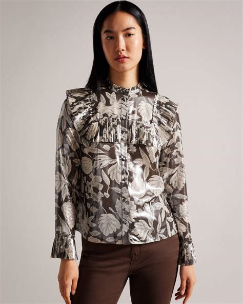 Ted Baker Blouse With Ruffle Bib Detail In Brown Lyst