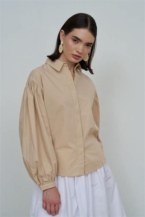 BALON KOL DETAYLI POPLİN GÖMLEK NUDE