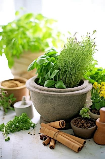 Premium AI Image | green herbs in pots indoor herbal garden