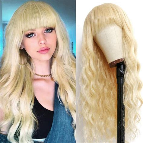 Amazon Relena Long Wavy Blonde Wig With Bangs Inch Synthetic Loose Curly Wave Wigs For