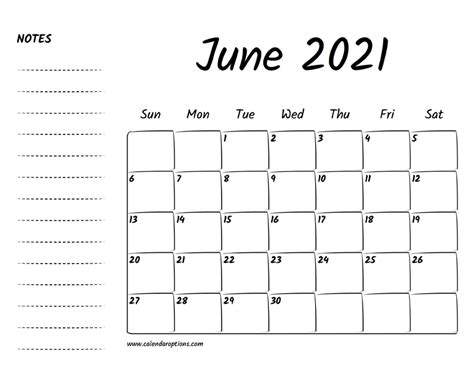 June 2021 Printable Calendar Calendar Options