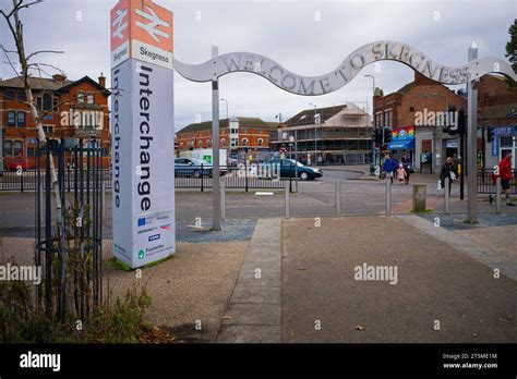 Welcome To Skegness Sign At The Railway And Bus Interchange Stock Photo