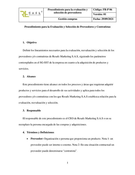 Procedimiento para la evaluación y selección de proveedores y