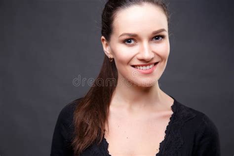 Close Up Portrait Of Elegant Brunette Woman With Nude Make Up Stock Photo Image Of Beautiful