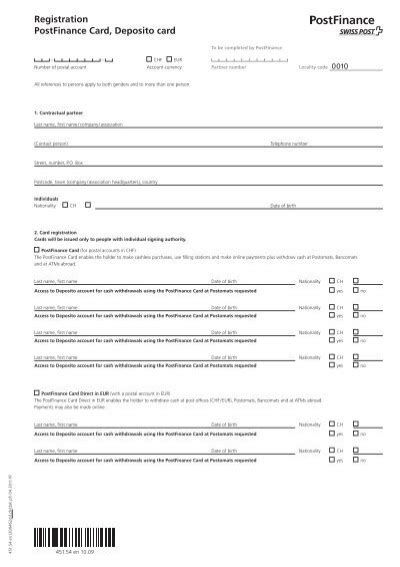 registration postfinance card deposito card