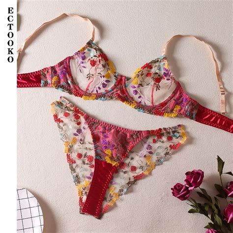 ECTOOKO 2022 2 Piece Erotic Lingerie Lace Transparent Fairly Bra Set Women Embroidery Floral