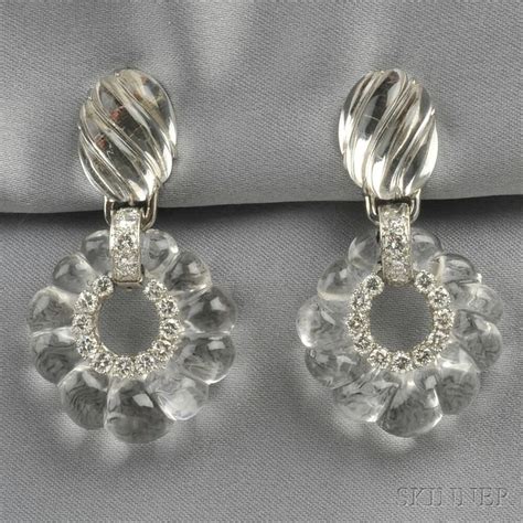 Elegant 18kt White Gold Carved Rock Crystal And Diamond Earpendants
