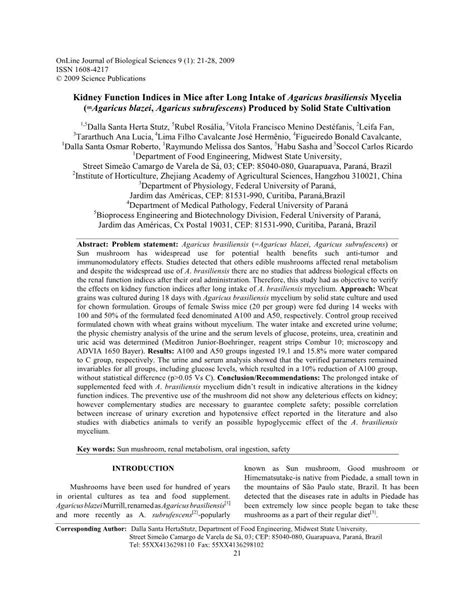 Kidney Function Indices in Mice After Long Intake of Agaricus ...