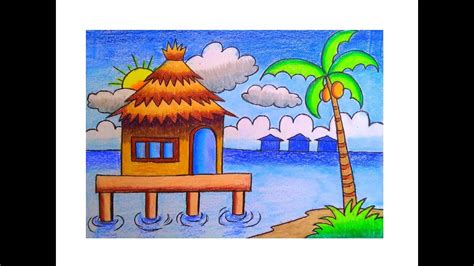 SIMPLE BAMBOO HOUSE ON RIVER DRAWING SCENERY DRAWING OF HOUSE HOW TO