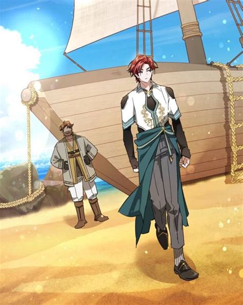 An Anime Character Standing In Front Of A Boat On The Beach Next To