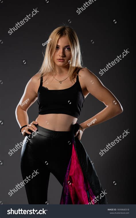 Sexy Blonde Leather Black Pants Going Stock Photo Shutterstock