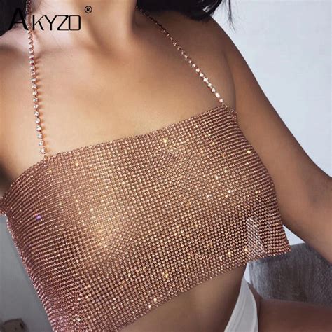 Women Glitter Metal Crystal Body Chain Bikini Cami Crop Top Rhinestone Sequins Beach Clubwear