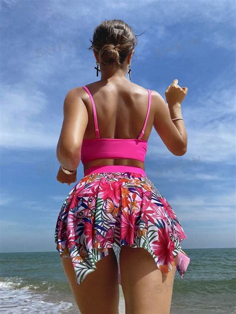 Shein Swim Conjunto De Bikini Con Estampado Tropical Sujetador Push Up Bottom De Bikini Y