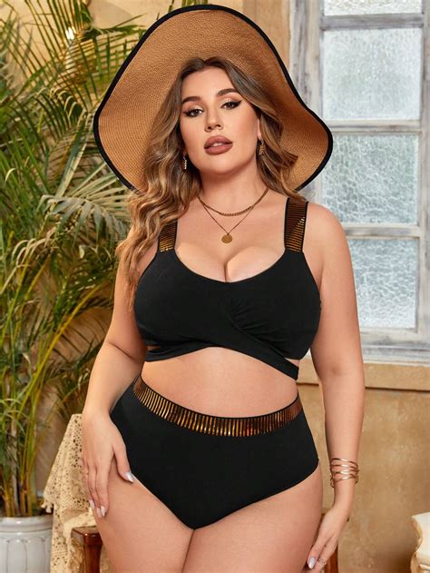 Shein Swim Chicsea Plus Size Color Block Panel Criss Cross Back Bikini