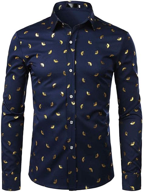 Zeroyaa Mens Gold Fan Print Slim Fit Long Sleeve Dress Shirts Prom