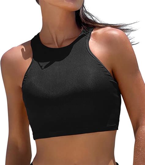 Amazon DOBREVA Women S Bikini Top High Neck Swimsuit Racerback Ribbed Bathing Suit Crop