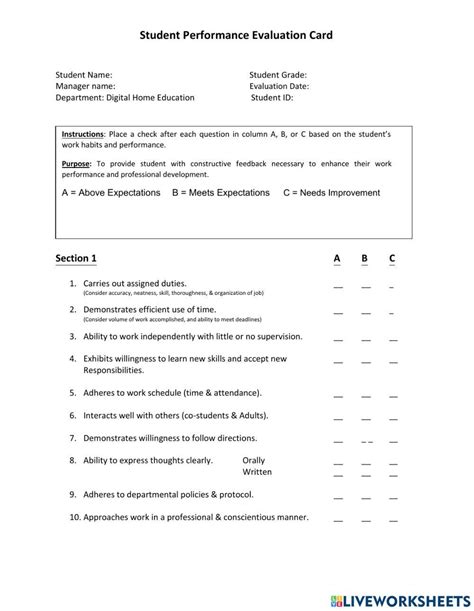 student performance evaluation card worksheet  worksheets