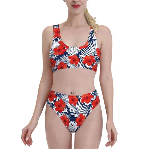 High Waisted Bikini Sets For Women Hawaiian Style Palm Leaves 2 Piece Sporty Bathing Suit Swim