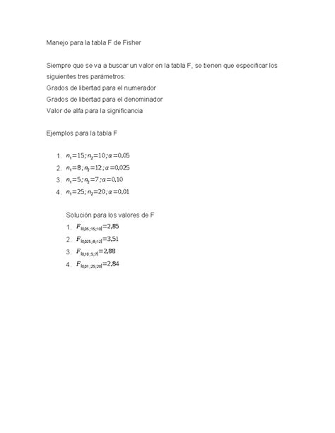 Ejemplos para uso de la tabla F de Fisher - Manejo para la tabla F de