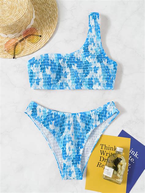 Shein Swim Mod Floral Bikini Set Smocked One Shoulder Top Hipster Bottom Piece Bathing Suit