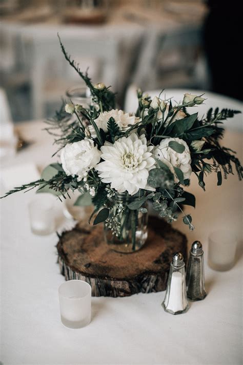 Wood Round Centerpiece Mason Jar Centerpieces White And Green Wedding