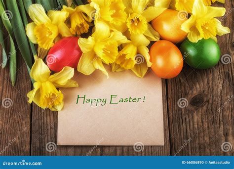 Happy Easter Card Yellow Flowers Sunlight Effect Stock Photo Image