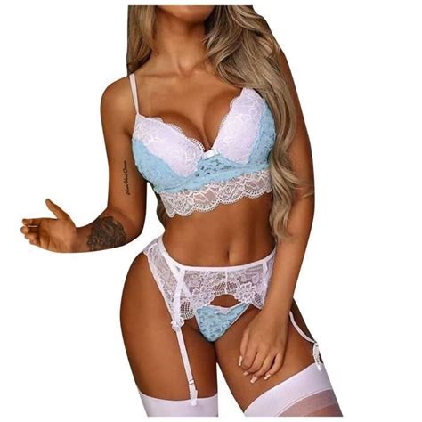 Mesdames mode lingerie sexy dentelle sous vêtements trois pièces assortis l Blanche