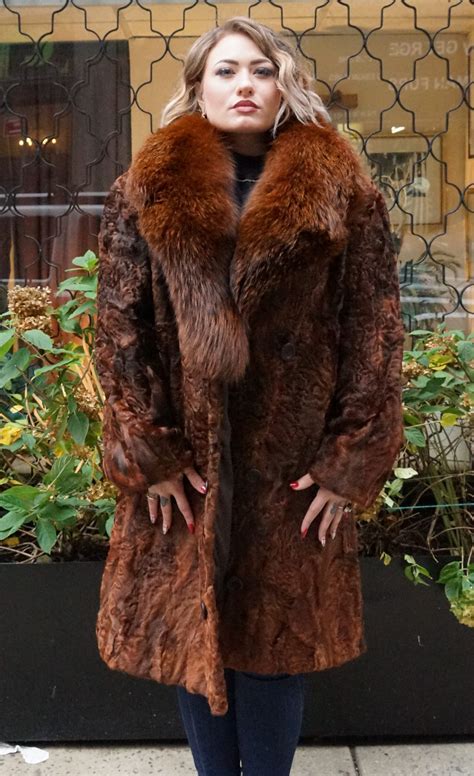 Cognac Persian Lamb Stroller Fox Collar 84742 Marc Kaufman Furs