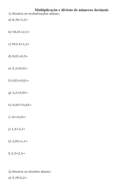 Multiplicação E Divisão De Numeros Decimais - Multiplicação e Divisão de Números Decimais | PDF