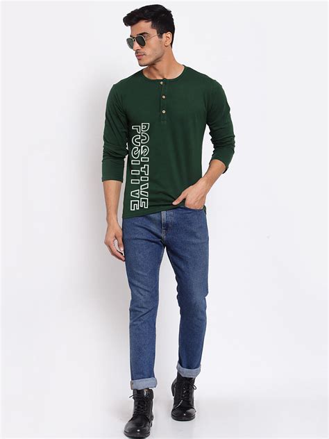 Positive Green Henley Full Sleeves T Shirt Feranoid