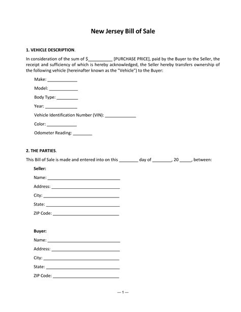 Free New Jersey Bill Of Sale Template Dmv Test Pro