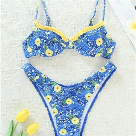 Shein Blue Floral Bikini S Really Cute I Just Never Depop