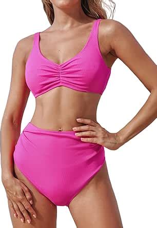 Amazon Cupshe Women S Bikini Sets Two Piece Bathing Suit High Waisted Ribbed Texture V Neck