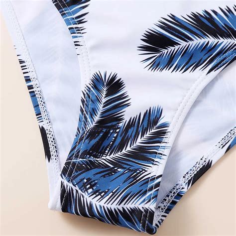 Tropical Leaf Print One Shoulder Mid Waist Bikini Set For Girls Cut Out